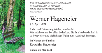 Traueranzeige von Werner Hageneier von WVW Anzeigenblätter