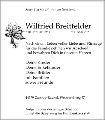 Traueranzeige von Wilfried Breitfelder von WVW Anzeigenblätter