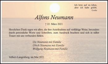 Traueranzeige von Alfons Neumann von WVW Anzeigenblätter