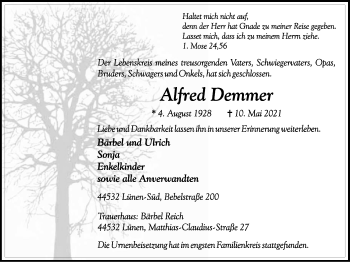 Traueranzeige von Alfred Demmer von WVW Anzeigenblätter