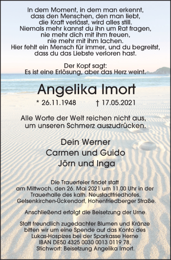 Traueranzeige von Angelika Imort von WVW Anzeigenblätter