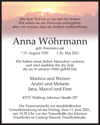 Traueranzeige von Anna Wöhrmann von WVW Anzeigenblätter
