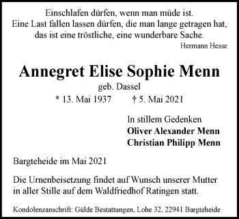 Traueranzeige von Annegret Elise Sophie Menn von WVW Anzeigenblätter