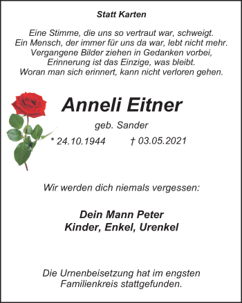 Traueranzeige von Anneli Eitner von WVW Anzeigenblätter