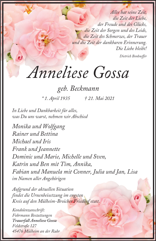  Traueranzeige für Anneliese Gossa vom 29.05.2021 aus WVW Anzeigenblätter