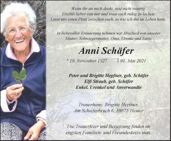 Traueranzeige von Anni Schäfer von WVW Anzeigenblätter