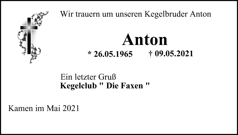  Traueranzeige für Anton  vom 26.05.2021 aus WVW Anzeigenblätter