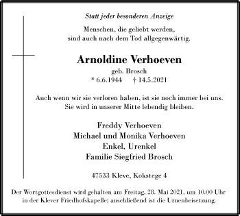 Traueranzeige von Arnoldine Verhoeven von WVW Anzeigenblätter