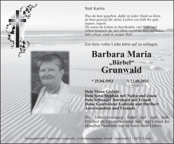 Traueranzeige von Barbara Maria Grunwald von WVW Anzeigenblätter