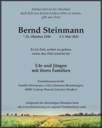 Traueranzeige von Bernd Steinmann von WVW Anzeigenblätter