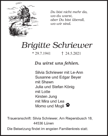 Traueranzeige von Brigitte Schriewer von WVW Anzeigenblätter