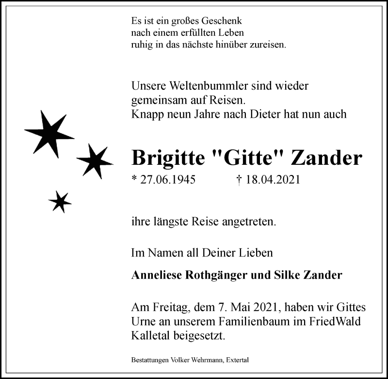  Traueranzeige für Brigitte Zander vom 22.05.2021 aus WVW Anzeigenblätter