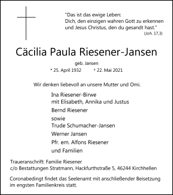 Traueranzeige von Cäcilia Paula Riesener-Jansen von WVW Anzeigenblätter