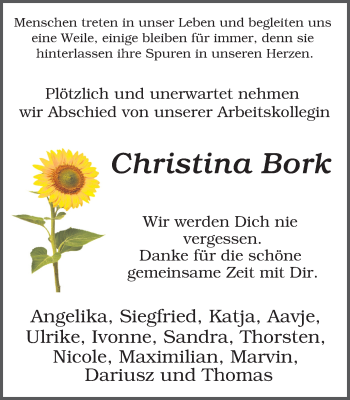 Traueranzeige von Christina Bork von WVW Anzeigenblätter