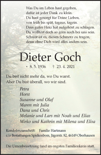 Traueranzeige von Dieter Goch von WVW Anzeigenblätter