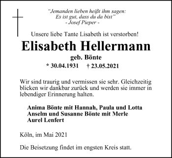 Traueranzeige von Elisabeth Hellermann von WVW Anzeigenblätter