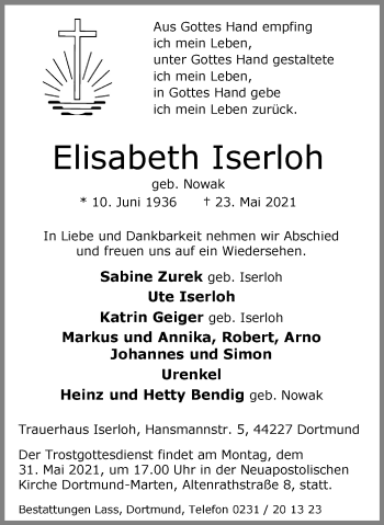 Traueranzeige von Elisabeth Iserloh von WVW Anzeigenblätter