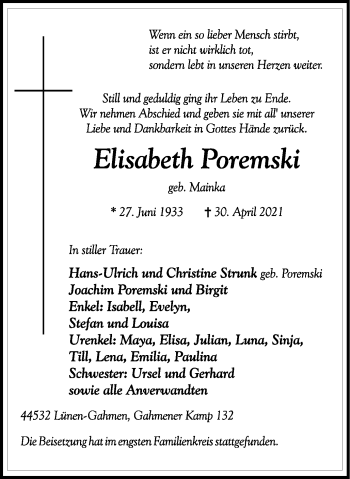 Traueranzeige von Elisabeth Poremski von WVW Anzeigenblätter