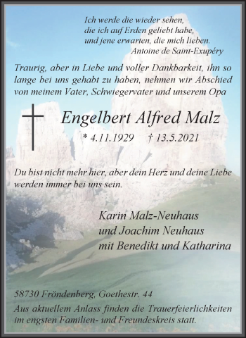 Traueranzeige von Engelbert Alfred Malz von WVW Anzeigenblätter