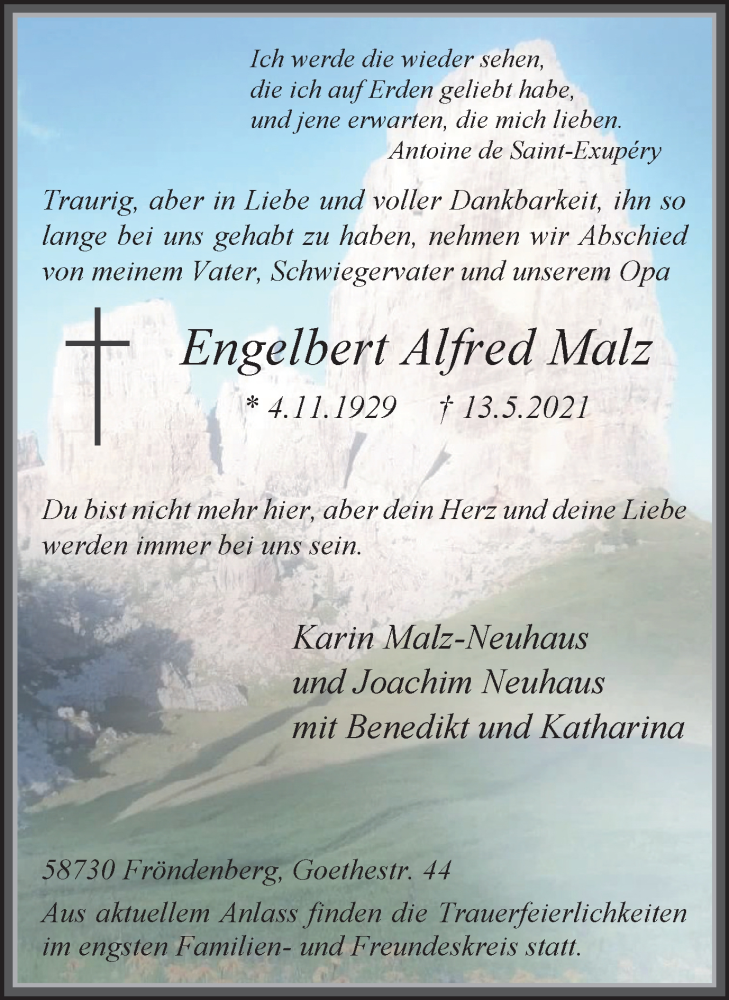  Traueranzeige für Engelbert Alfred Malz vom 22.05.2021 aus WVW Anzeigenblätter