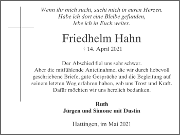Traueranzeige von Friedhelm Hahn von WVW Anzeigenblätter