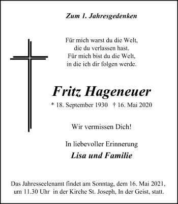 Traueranzeige von Fritz Hageneuer von WVW Anzeigenblätter
