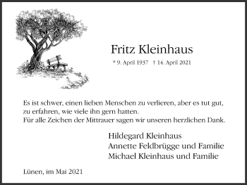 Traueranzeige von Fritz Kleinhaus von WVW Anzeigenblätter