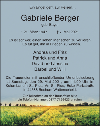 Traueranzeige von Gabriele Berger von WVW Anzeigenblätter