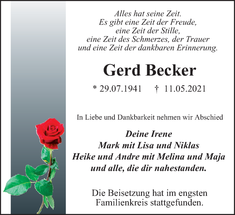 Traueranzeigen Von Gerd Becker | Trauer-in-NRW.de