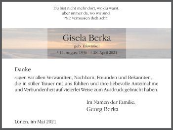 Traueranzeige von Gisela Berka von WVW Anzeigenblätter