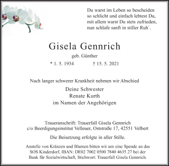 Traueranzeige von Gisela Gennrich von WVW Anzeigenblätter