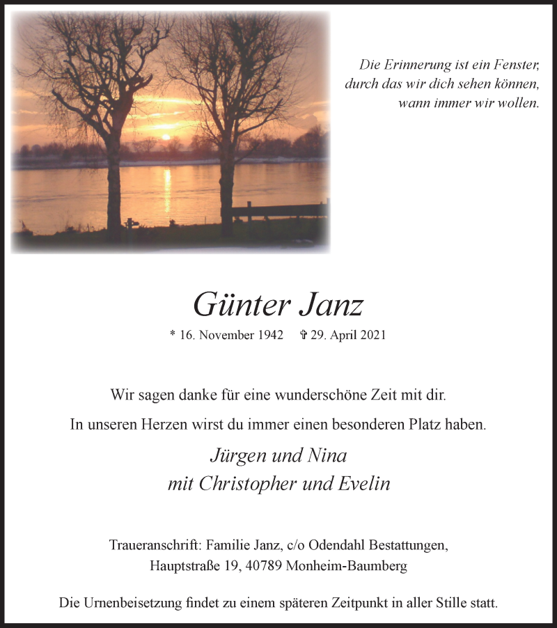  Traueranzeige für Günter Janz vom 12.05.2021 aus WVW Anzeigenblätter