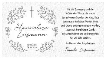 Traueranzeige von Hannelore Leismann von WVW Anzeigenblätter