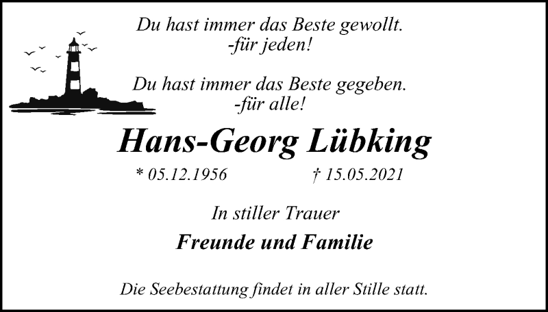  Traueranzeige für Hans-Georg Lübking vom 22.05.2021 aus WVW Anzeigenblätter