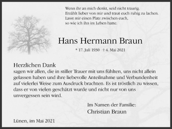 Traueranzeige von Hans Hermann Braun von WVW Anzeigenblätter