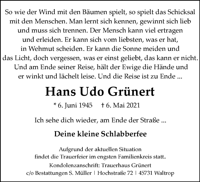  Traueranzeige für Hans Udo Grünert vom 12.05.2021 aus WVW Anzeigenblätter