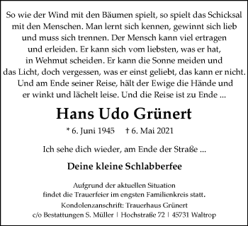 Traueranzeige von Hans Udo Grünert von WVW Anzeigenblätter