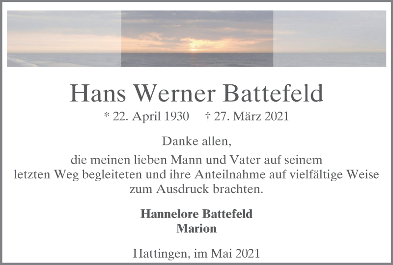  Traueranzeige für Hans Werner Battefeld vom 15.05.2021 aus WVW Anzeigenblätter