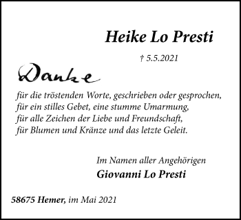 Traueranzeige von Heike Lo Presti von WVW Anzeigenblätter