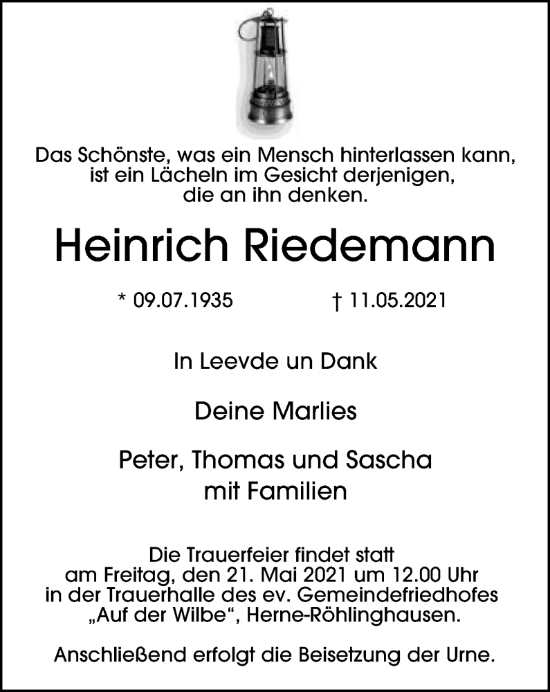  Traueranzeige für Heinrich Riedemann vom 19.05.2021 aus WVW Anzeigenblätter