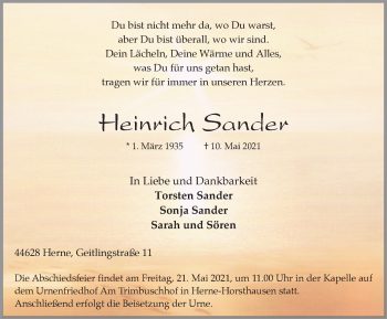 Traueranzeige von Heinrich Sander von WVW Anzeigenblätter