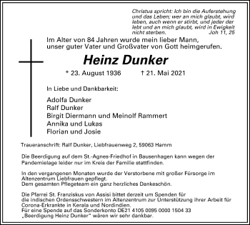 Traueranzeige von Heinz Dunker von WVW Anzeigenblätter