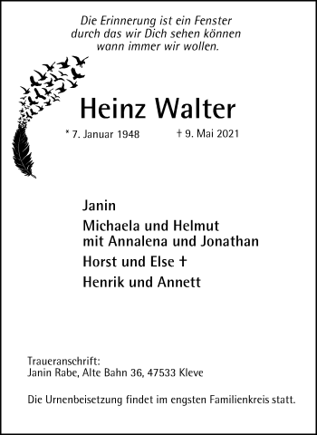 Traueranzeige von Heinz Walter von WVW Anzeigenblätter
