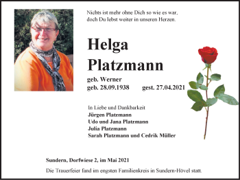 Traueranzeige von Helga Platzmann von WVW Anzeigenblätter