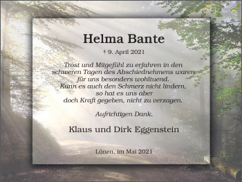 Traueranzeige von Helma Bante von WVW Anzeigenblätter