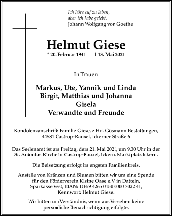 Traueranzeige von Helmut Giese von WVW Anzeigenblätter