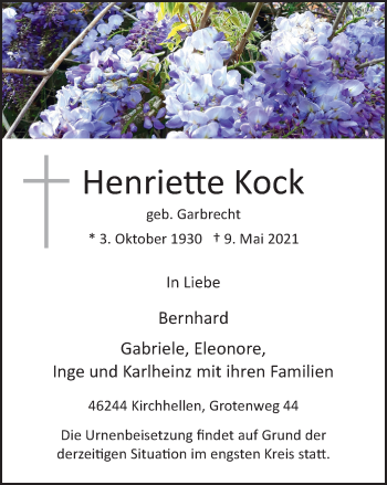 Traueranzeige von Henriette Kock von WVW Anzeigenblätter