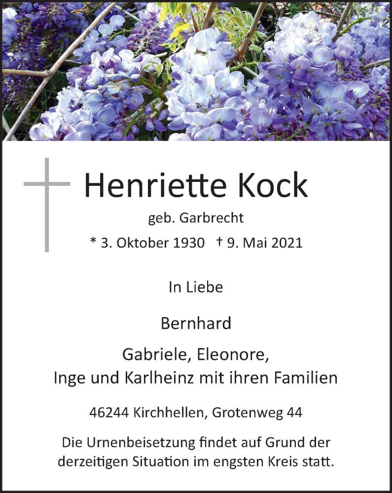  Traueranzeige für Henriette Kock vom 19.05.2021 aus WVW Anzeigenblätter