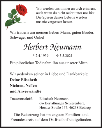 Traueranzeige von Herbert Neumann von WVW Anzeigenblätter