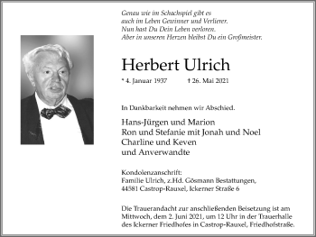 Traueranzeige von Herbert Ulrich von WVW Anzeigenblätter